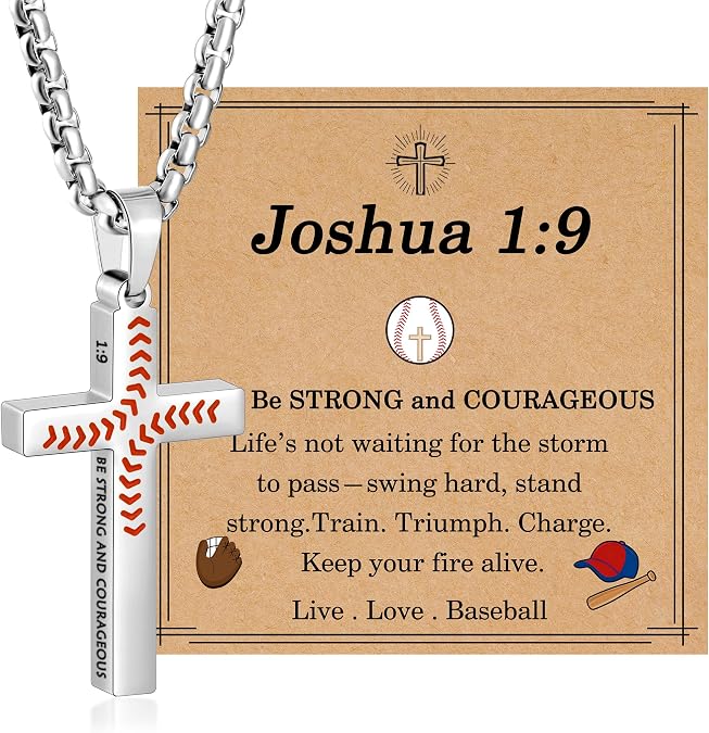 Baseball Cross Necklaces for Boys Men, Colourfast Stainless Steel Bible Verse Cross Chain Pendant Necklace Baseball Accessories Stuff Confirmation First Communion Gifts for Boys Teens