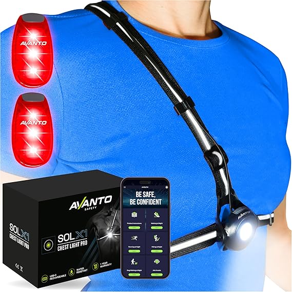 AVANTO Chest Light with (2) LED Safety Clip-Lights for Dog Walking, Night Walks, Biking | Reflective Gear for Walking, Running, Cycling, Strollers, Dogs, E-Bike, Scooters