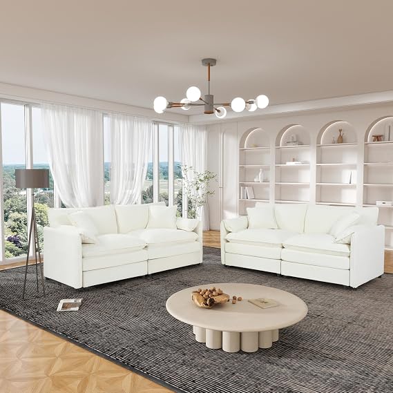 Oversized Cloud Modular Couches Sets,2 Pieces Sectional Loveseat Sofa,4-Seater Modern Chenille Upholstered Sofas Set for Office Apartment with 4 Pillows,Beige