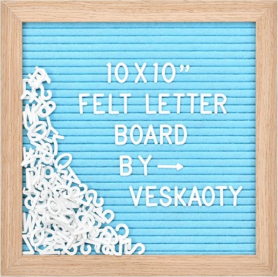 Veskaoty Felt Letter Board with 294 Letters, 10 x 10 Inch, Blue & Wood | Changeable Message Board, Wooden Frame, Wall Mount, Numbers, Symbols, Custom Name Sign, Classroom & Home Birthday Decor