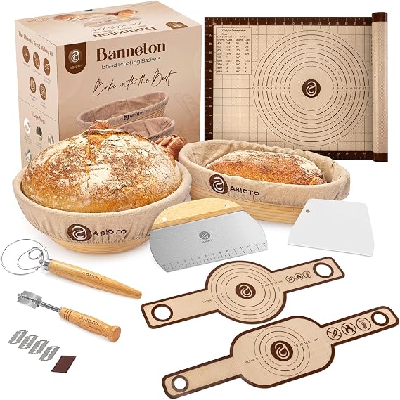 ABIOTO Sourdough Bread Baking Kit - 17-Piece Artisan Set with 9" Round & 10" Oval Rattan Baskets, Slings, Baking Mat, Bread Lame, Danish Whisk & Scrapers