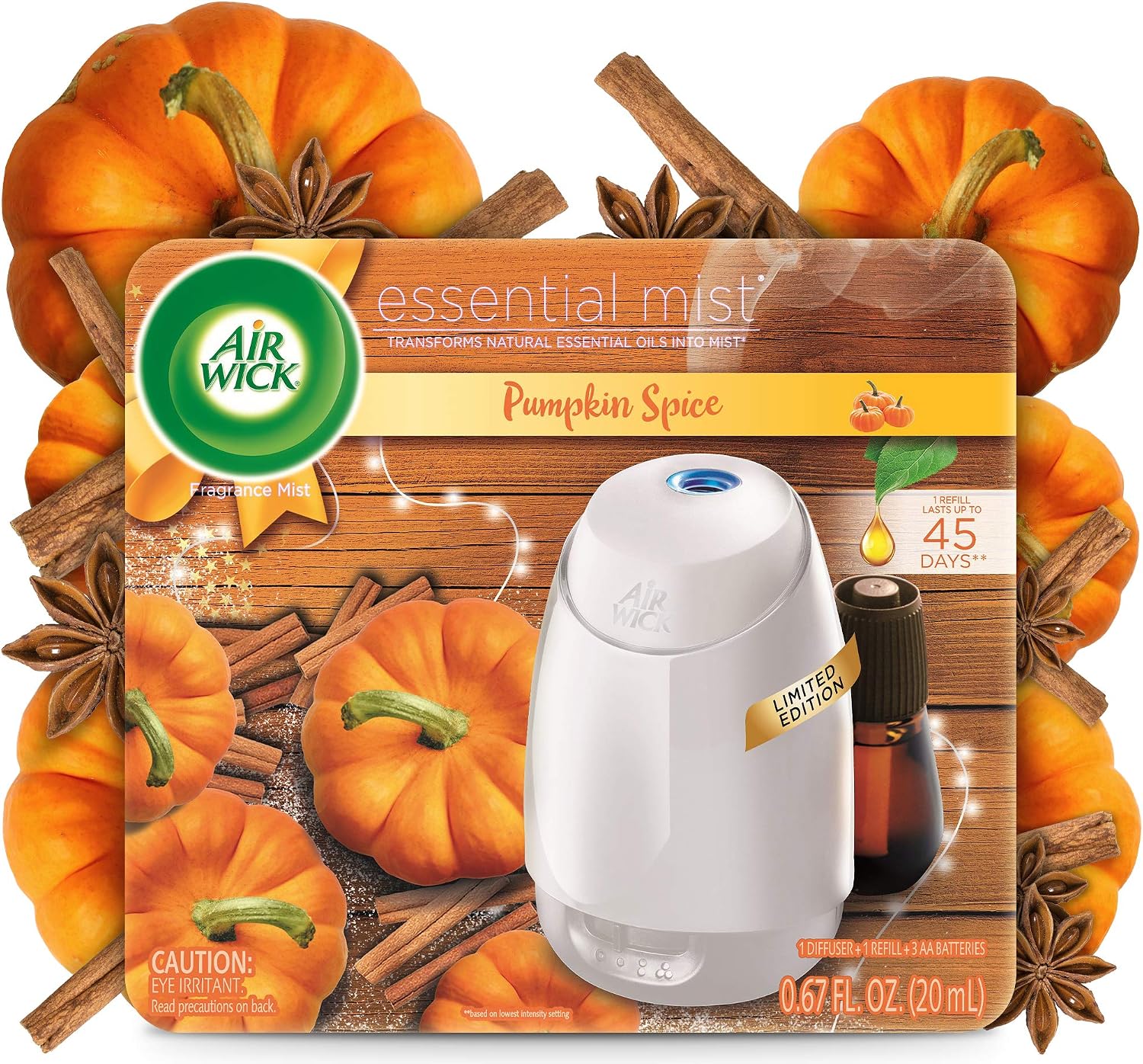Air Wick Essential Mist, Essential Oils Diffuser, Diffuser  1 Refill, Pumpkin Spice, Fall Scent, Fall Spray, Air Freshener