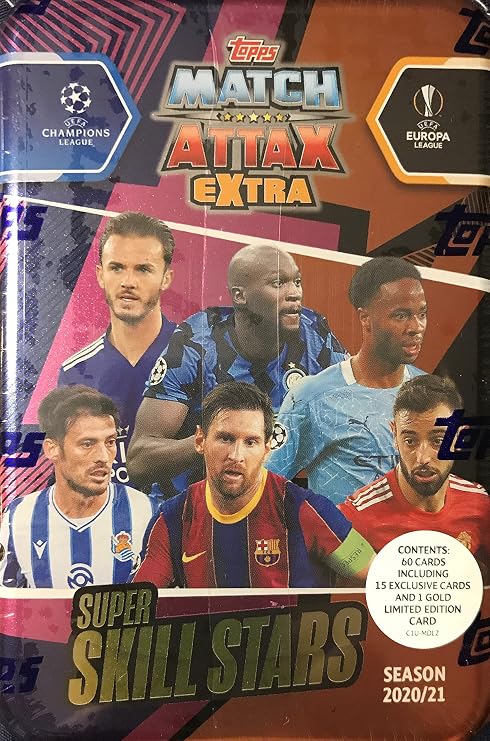 Match Attax 2020 2021 Topps Champions League Soccer Sealed Extra Edition Super Skill Stars Mega Collectors Tin with a Limited Edition Gold Card and 15 Exclusive Cards