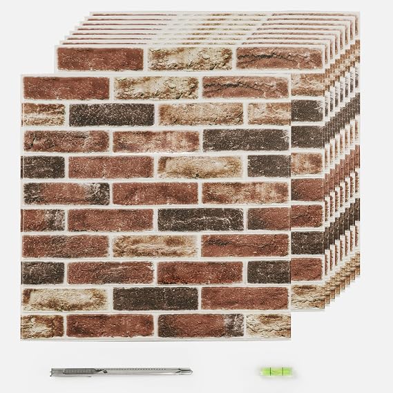 Faux Brick Tile 3D Strip Wall Paneling, 100 Sq.Ft Self-Adhesive Artificial Stone Backsplash Waterproof Foam Panels for Bedrooms, Bathrooms, Kitchens, 20 PCS, Reddish Brown