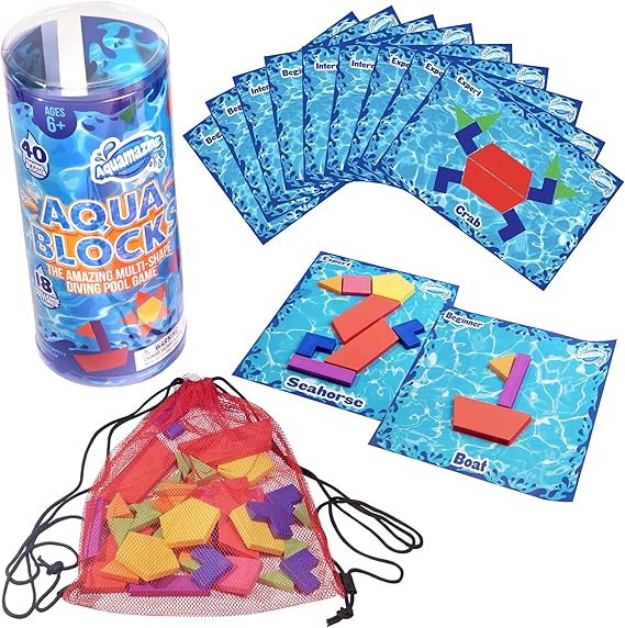 Aqua Blocks Pool Diving Game- Set Includes 40 Multi-Shape Sinking Toys | 18 Challenge Cards w 3 Difficulty Levels, Mesh Storage Bag- Kids Swimming Activity Game- Outdoor Summer BBQ or Camp Party Fun