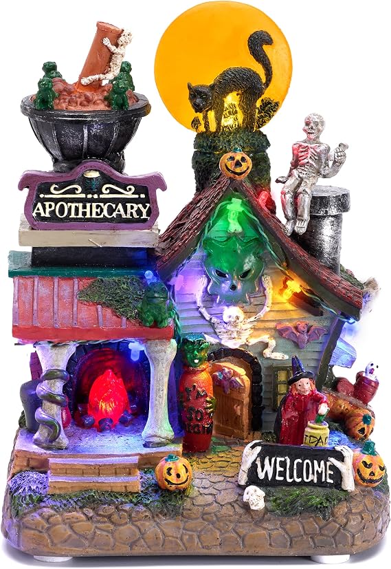 Valery Madelyn Halloween Decorations, Lighted Halloween Village Houses with Music and LED Lights, Resin Haunted House Spooky Town Scary Witch's Potion for Home and Party Table Desk Mantel, 8 Inch