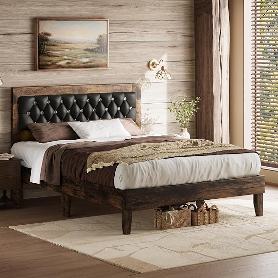 BarnFurin Full Size Bed Frame with Diamond Headboard, Walnut
