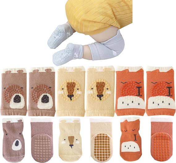 QXQTER Toddler Baby Knee Pads and Socks for Crawling for Baby Boys Girls with Grips Anti-Slip Knee Protector - 6 Pair