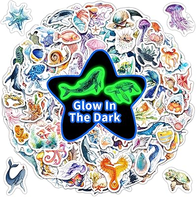 Fish Water Bottle Stickers for Kids Glow in The Dark, 149 PCS Vinyl Waterproof Stickers Pack for Laptop Skateboard Phone Case, Cute Colorful Ocean Decals for Teens