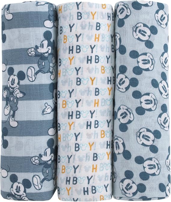 Disney Mickey Mouse 3 Piece Muslin Swaddle Baby Blanket Set