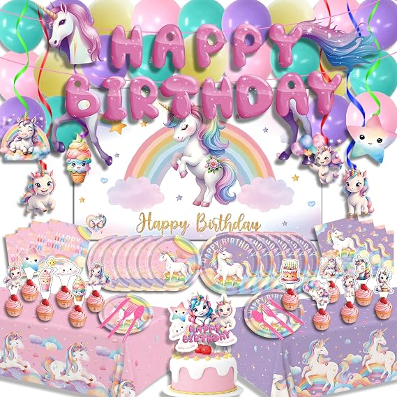 Unicorn Party Birthday Supplies - 220Pcs Unicorn Party Decorations Included Backdrop, Banner, Tablecloth, Hanging Swirls, Cupcake Toppers, Tableware, Paper Towel, Latex Balloons (BIG)