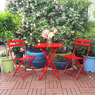 BOSTANA 3-Piece Bistro Set, Steel Folding Bistro Table and Chairs Set of 3 with 2 Chairs and 1 Square Table, Outdoor Indoor Patio Bistro Set for Patio Yard Garden, Red