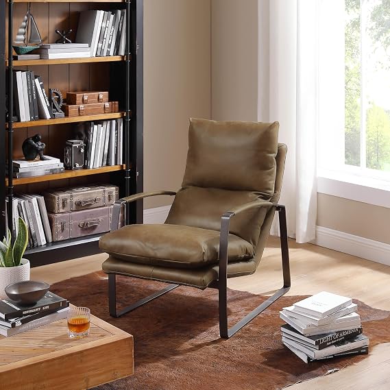 Zouron Genuine Leather Lazy Armchair, Mid Century Modern Accent Chair with Metal Frame, Single Sofa Lounge Chair for Living Room Bedroom, Chocolate, 1 Pcs