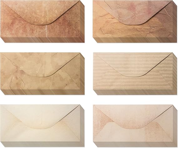 Pack 48 Vintage Style Envelopes - Classic Aged Envelopes in 6 Unique Designs - Old Looking Antique Looking- 4 x 8.7 inches (48 Pack)
