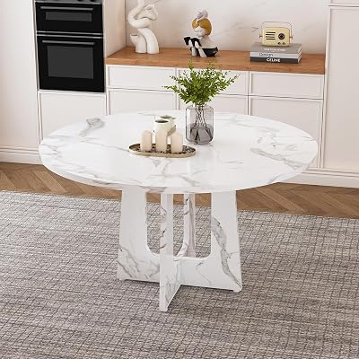 47.2 Round Dining Room Table, Wood Kitchen Table with Trestle Base, Farmhouse MDF Circle Table with Marble White Finish, Easy Assembly White