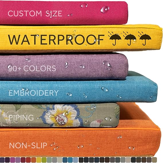 Custom Size Bench Cushion Pads for Indoor Outdoor Furniture Waterproof Fadeproof Window Seat Chair Sofa Couch Garden Swing 70D High-Resilience Foam with Optional Fabric Colors Contrast Piping Ties