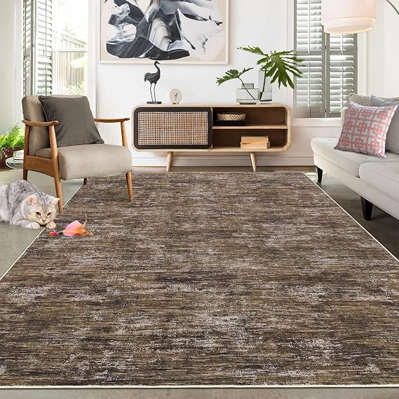 RUGSREAL Washable Rug 10x13 for Living Room Modern Abstract Area Rug Non-Slip Large Contemporary Bedroom Rug Stain Resistant Aesthetic Accent Floor Carpet Foldable Solid Rug for Home Office, Brown