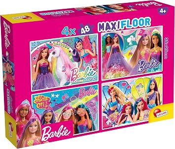 LISCIANI - Barbie - Maxifloor Puzzle 4 x 48-4 Puzzles of 48 Pieces - for Children from 4 Years - 35 x 25 cm - Barbie Unicorn, Princesses, Selfie & Mermaid Theme - Educational Game - Made in Italy