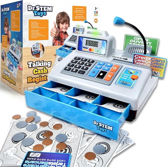 Dr. STEM Toys Talking Toy Cash Register, STEM Learning 69 Piece Pretend Store with 3 Languages, Paging Microphone, Credit Card, Bank Card, Play Money and Banking for Kids (Silver)
