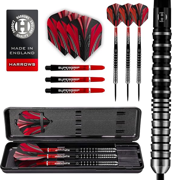 Harrows Predator 90% Tungsten Steel Tip Darts Set 22g, 23g, 24g &25g - Includes Ultra Traction Grip, Supergrip Fusion Shafts, Prime Flights & Travel Case