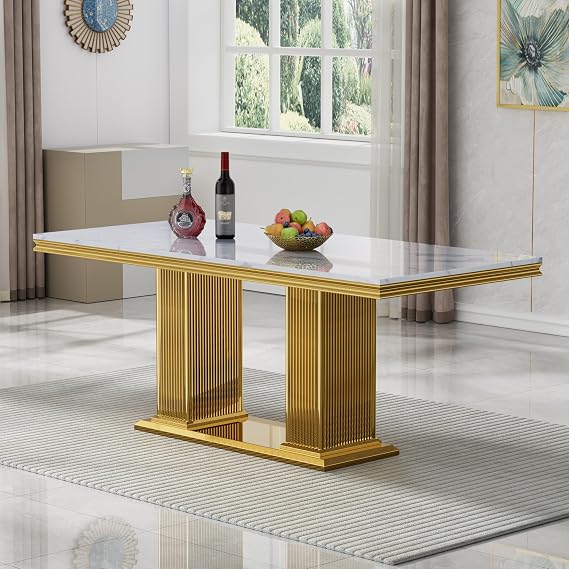 68 inch White Marble Dining Table for 4 to 6, Modern Rectangular Faux Marble Kitchen Table with Gold Stainless Steel Double Column Base, Luxury Rectangle Marble Kitchen Dining Table for Dining Room