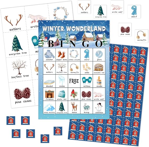 Winter Bingo Games Cards, Winter Wonderland Bingo Game Set, Christmas Party Bingo Game, Snow Bingo Supplies for Adults Family Friends, Winter Xmas Party Holiday Decorations -14