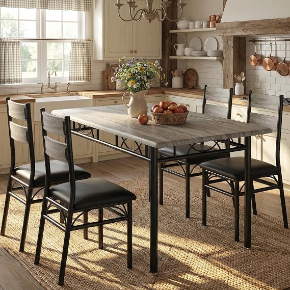Garvee 5 Piece Dining Table Set for 4, Wooden Industrial Rectangular Kitchen Dinner Table w/ 4 Upholstered High Back Chairs Set, Sturdy Metal Frame, for Kitchen, Apartment, Small Space, Retro Gray