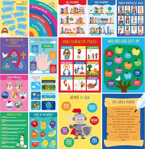 15 Bible Posters for kids, Thick Religious Poster Waterproof & Tear Proof with PET Film, Books of the Bible Poster Sunday School Christian Decoration for Classroom, Bulletin Board (14.5 x 11)