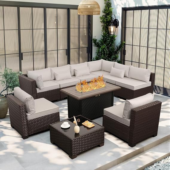 Lviden 10 Pieces Wicker Patio Furniture Set Outdoor PE Rattan Sectional Conversation Sofa Set with Non-Slip Cushions and 45" Fire Pit Table, Beige