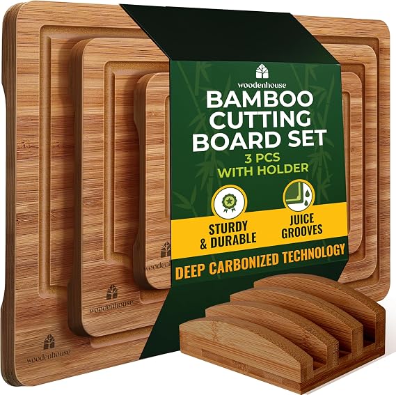 Wood Cutting Board Set of 3 - Sturdy & Easy to Clean Bamboo Wooden Cutting Boards for Kitchen - 3 Sizes of Chopping Board with Juice Grooves for Meal Prep, Everyday Use, Housewarming Gift