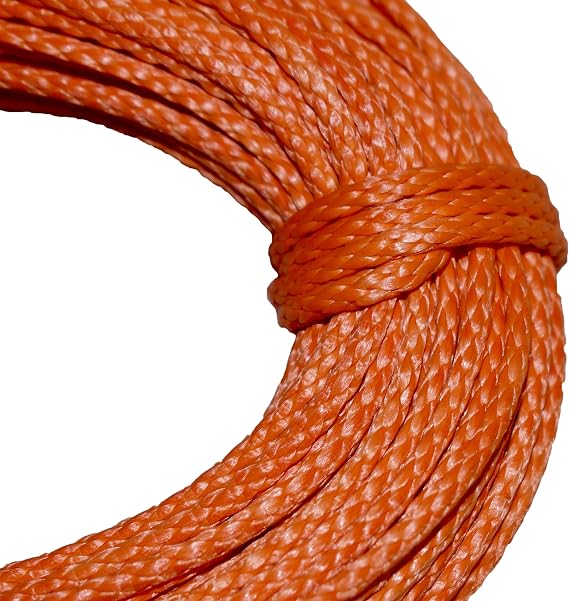 7/64in 100', 200' or 300' Hanks Coated Blue, Green, Black, Silver, Orange, Red or Yellow dyneema Fiber 1400 lb. Approx tensile Strength (100 ft. Hank, Orange)