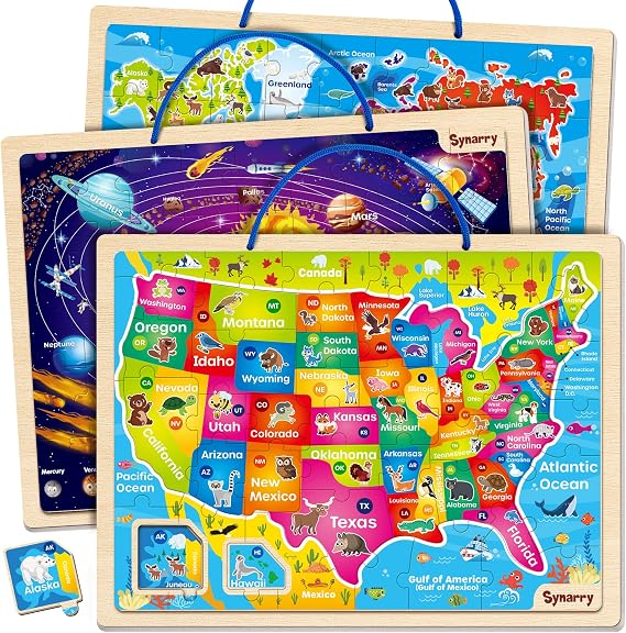 SYNARRY Large USA World Solar System Wooden Magnetic Puzzles for Kids Ages 4-6, Wood Puzzles Educational Games Toys Easter Gifts for Children, United States World Space Map for Boys Girls Ages 3-5 4-8
