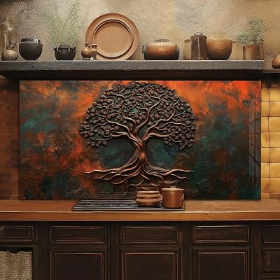 Roggmard Tempered Glass Kitchen Backsplash, Tree of Life Stove Back Top Cover, Splashback Tile, Kitchen Sink Cover Splash Guard, Home Kitchen Decor 30x24-76x61cm