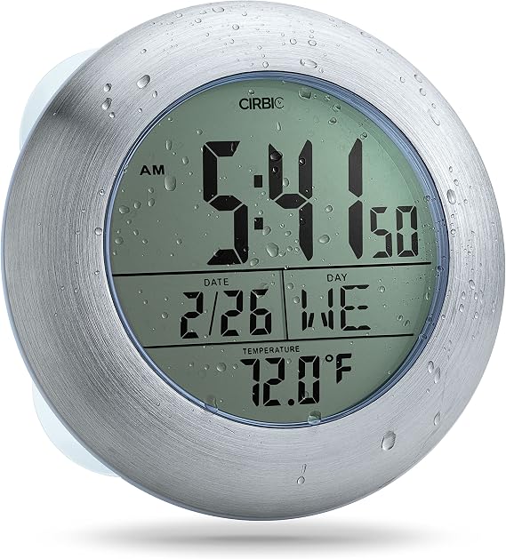 Extra Large Shower Clock with Suction Cups, Date and Temperature, Water Resistant Clock for Bathroom