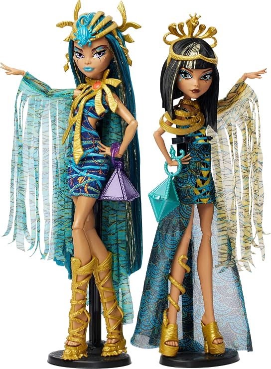 Monster High Fashion Doll Set, Mummy Majesties Cleo & Nefera De Nile Collectible 2-Pack with Golden Accessories & Premium Clothes