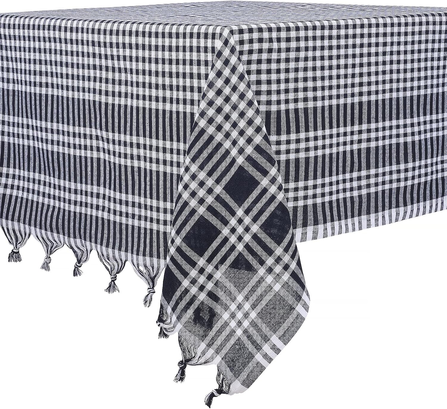 DESTALYA Checkered Tablecloth 63 Inch Square | Picnic Blanket | 100% Cotton | Buffalo Check Plaid Gingham Rustic Style Linen | Table Cover for Kitchen Black and White