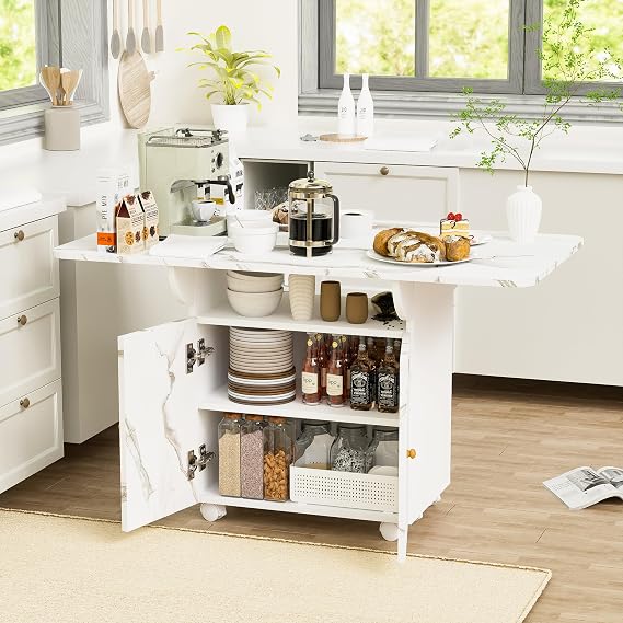 47" Wood Folding Dining Table with Storage Rack and Cabinet, Rolling Entryway Table on Wheels with Drop Leaf, White Faux Marble Kitchen Island, Versatile Breakfast Table Bar