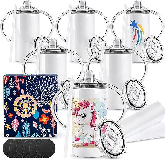 Joyclub 6 Pack Sublimation Sippy Cups Toddler Tumbler Blanks 12 oz Kids Sublimation Tumbler with Handle Stainless Steel Insulated Skinny Straight with Splash-proof Lid and Straw