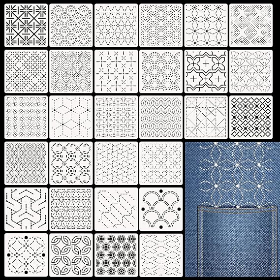 Affrolling 30 Pcs Plastic Sashiko Stencil 4.7 x 4.7 Inch Geometric Sashiko Pattern Template Drawing Line Quilting Stencil Embroidery Pattern Stabilizers for Sewing Hand Quilting and Embroidery