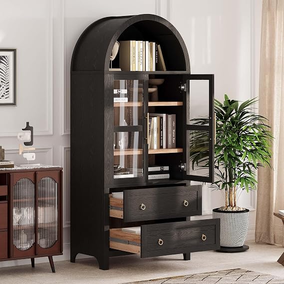 Curved Bookshelf with Cabinet, Tall Arch Bookcase with Drawers, Black Book Shelf with Glass Doors, Wood Arched Bookshelf with Adjustable Shelves for Study Office (Black)