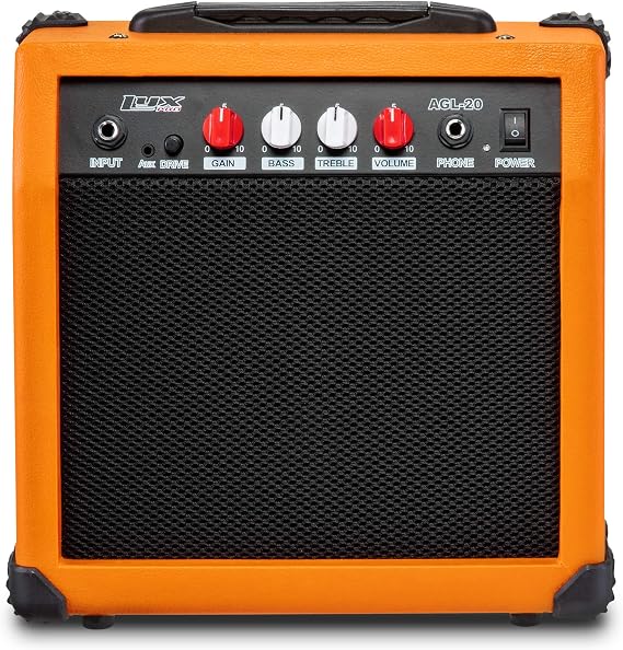 LyxPro Electric Guitar Amp 20 Watt Amplifier Built in Speaker Headphone Jack and Aux Input Includes Gain Bass Treble Volume and Grind - Sunburst