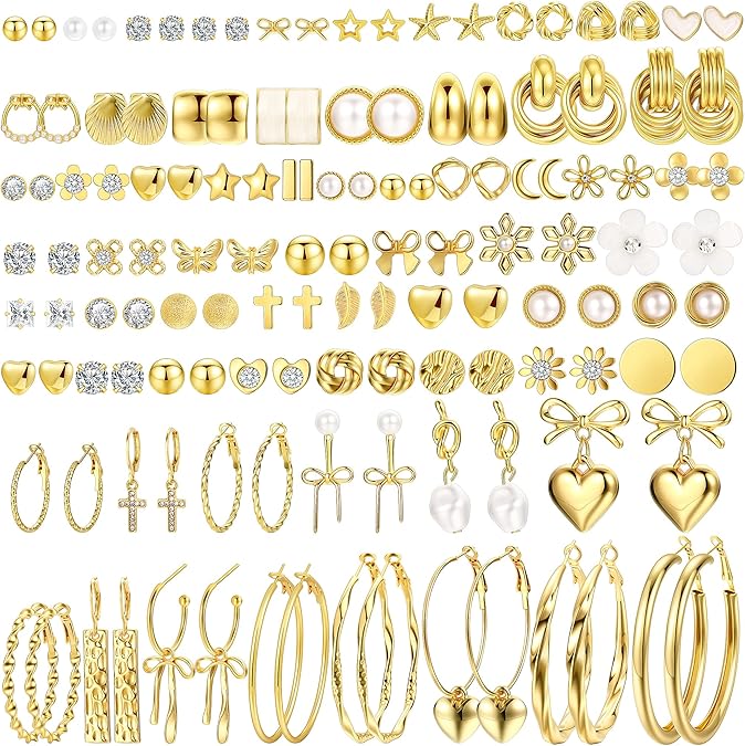 75 Pairs Gold Stud Earrings Set for Women, Trendy Hypoallergenic Pearl Cubic Zirconia Multiple Piercings Earrings Packs, Stud Hoops Earrings for Gift Jewelry