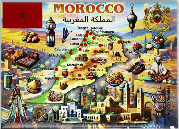 Morocco Graphic Map and Attractions Souvenir Fridge Magnet 2.5" X 3.5"