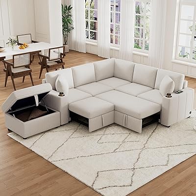 Modern Sectional Convertible Sofa, Chenille Fabric Pull-Out Sofa Bed with Movable Storage Ottoman and Dual Cup Holders, Fabric Free-Combined Modular Couch for Living Room Beige-3.27