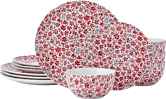 Pfaltzgraff Radiant Blossom 12 Piece Floral Stoneware Dinnerware Plate Bowl Dish Set, Service for 4, Red