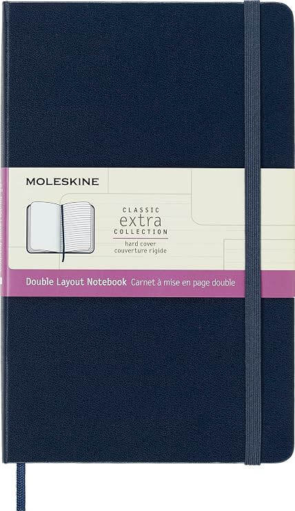 Moleskine Klasik Defter, Sert Kapak, Büyük (5" x 8.2") Çift Düzen, Çizgili/Düz, Safir Mavisi, 240 Sayfa