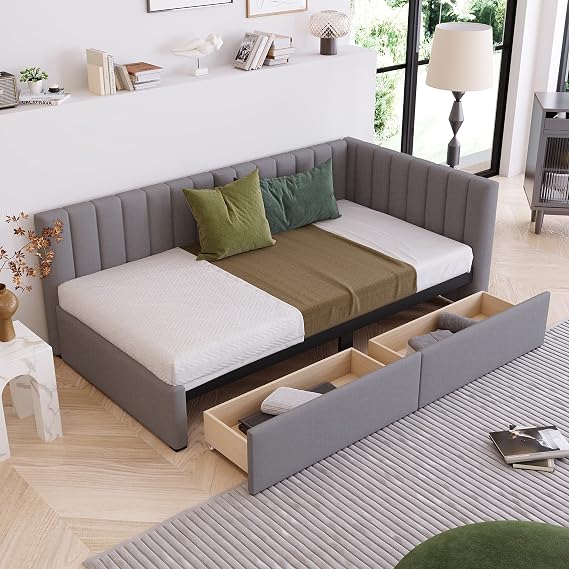 Twin Size L-Shaped Upholstered Daybed with 2 Storage Drawers, Modern Linen Fabric Sofa Bed, Wooden Corner Bed Frame, Linen Fabric, No Box Spring Needed (Gray-05)