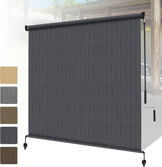 Shade&Beyond Outdoor Roller Shades with Splicing Design, 8' W x 8' H Cordless Patio Roll Up Blinds, Exterior Shade Cloth Roll for Porch, Gazebo, Pergola, Balcony, Blue Gray