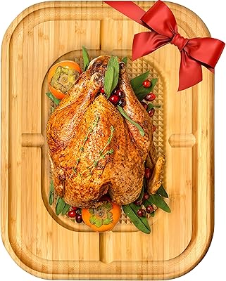 Meat Cutting Board - Large 18x12 Reversible Bamboo Carving Board for Turkey - Heavy Duty Butcher Chopping Block with Deep Juice Groove, Spikes, Grip, Kitchen Platter, Christmas Gift