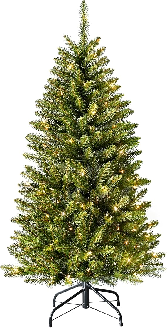 Puleo International 4.5ft Pre-Lit Fraser Fir Pencil Christmas Tree with 150 Clear Lights, 401 Realistic Dense Branch Tips, Easy Setup Artificial Trees with Sturdy Metal Stand